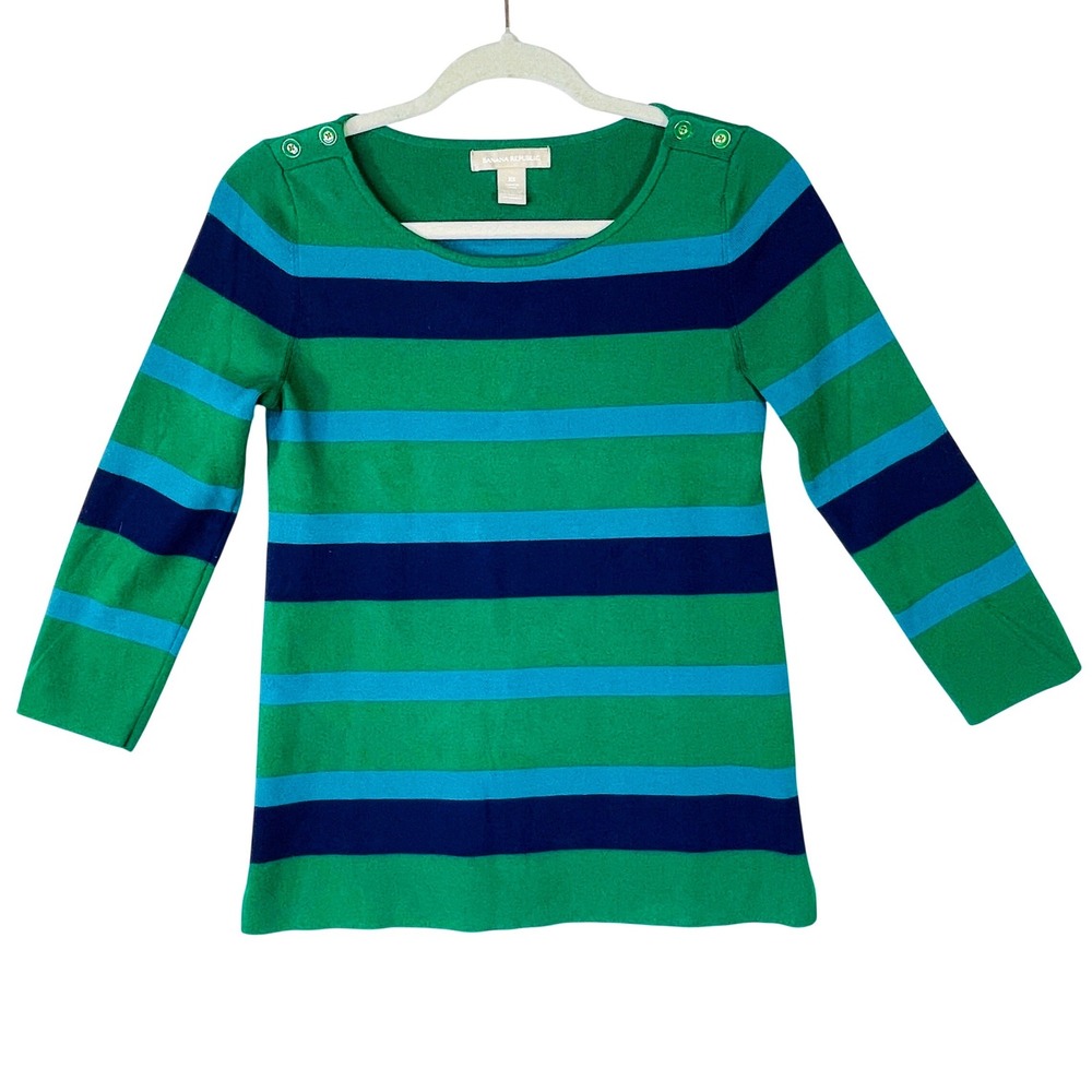 Banana Republic Womens Green Striped Button Shoulder 3/4 Sleeve Sweater Top XS